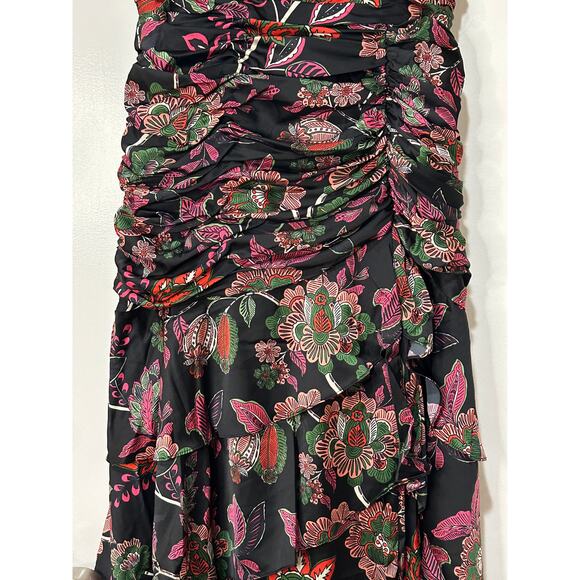 Hutch Tisha Ruched Maxi Dress Black Floral Multi Size 10 NWT Tiered Skirt w Slit - Picture 6 of 16